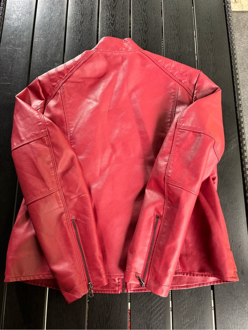 Red Pu Leather Bomber Jacket R1 - Picture 5 of 9